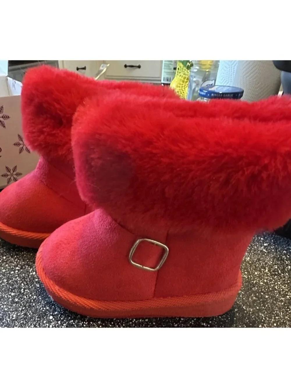 Red Winter Boots With Red Faux Fur Trim And Buckle Accent Size 3 Toddler Girl